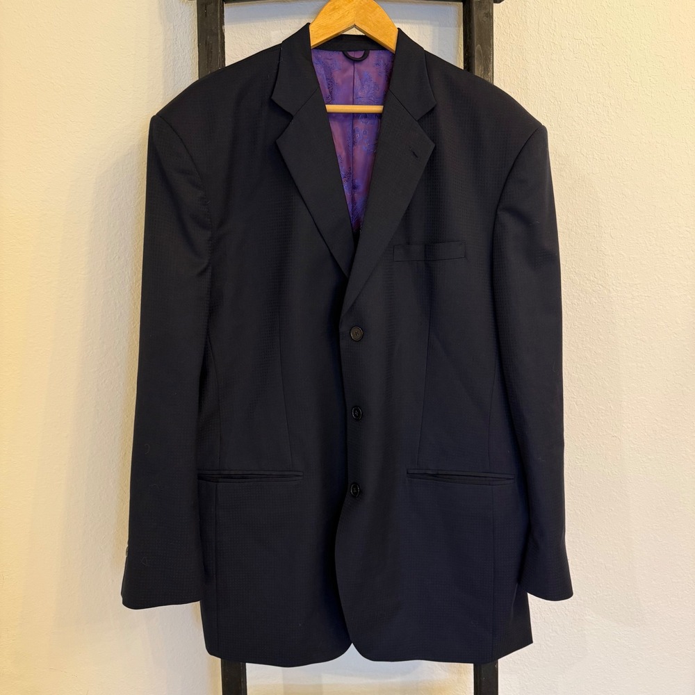 Christian A Timel Navy Textured Blazer Jacket Mens Size L Purple‎ Paisley Lining
